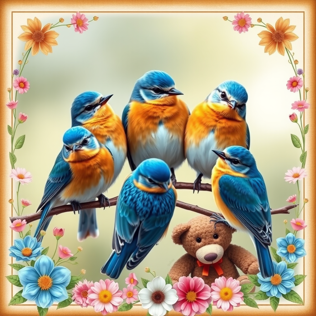 Regenerate an image of five bluebirds perched together on a branch, surrounded by a decorative border with flowers and a teddy bear, using a DSLR camera with a 50mm lens, aperture f/2.8, ISO 200, natural light, top-down view, vibrant colors, high dynamic range.