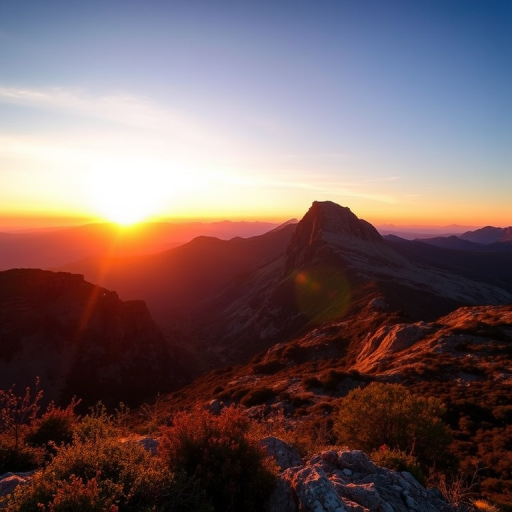 Generate an image of a serene mountain landscape during sunrise, using a Nikon D850 with a 24-70mm lens, aperture set to f/8, ISO 100, at a 35mm focal length, HDR photography style, capturing vibrant colors and details in both shadows and highlights.