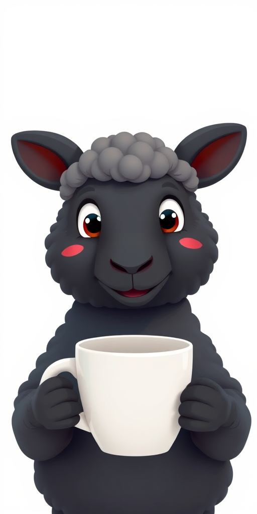 Create a playful cartoon-style image of a cute black sheep holding a cup, using a Canon EOS R5 camera with a 50mm f/1.2 lens, aperture set to f/2.8, ISO 100, and natural lighting to enhance brightness and detail, focus on the sheep's facial features against a simple white background.