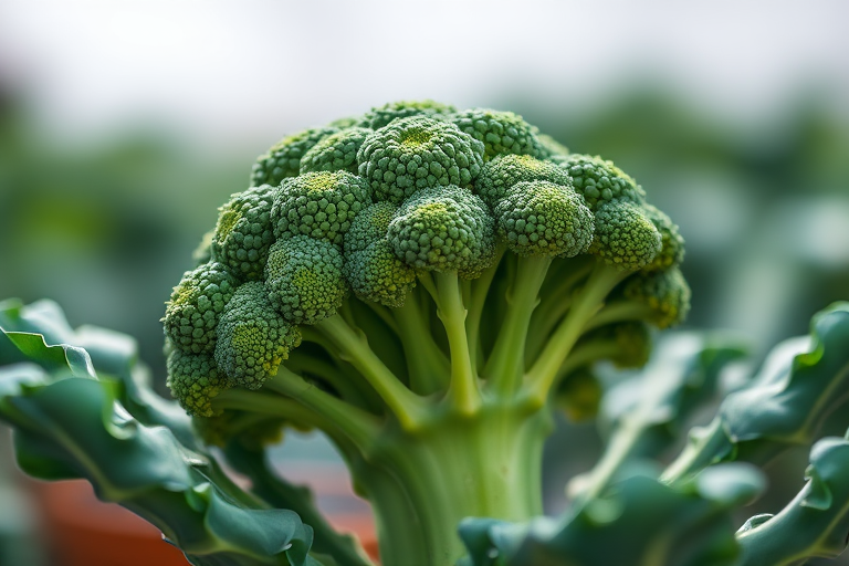 Generate a high-resolution illustration of a broccoli, viewed from a slightly elevated angle, using a digital art style, with settings at 300 DPI and a wide aperture to create a soft background blur, emulating a professional DSLR camera setup.