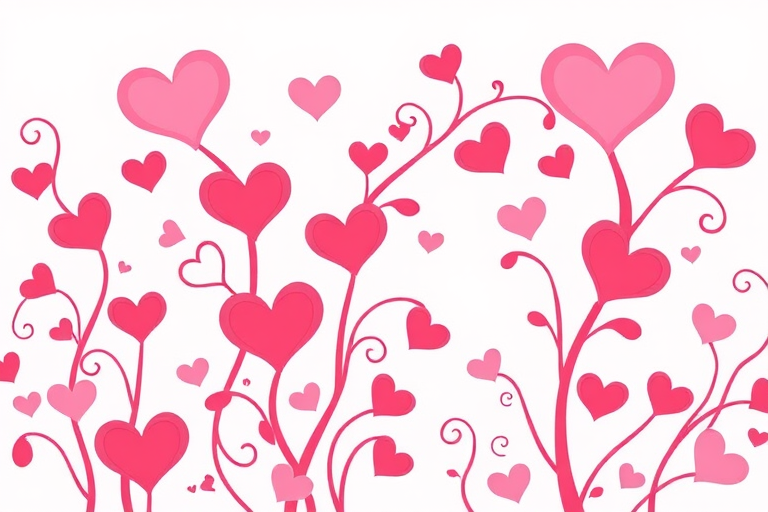 Generate a whimsical illustration of swirling pink and red vines with heart-shaped accents in soft pastel colors, using a high-resolution digital camera with a 50mm lens, f/2.8 aperture, 1/250s shutter speed, and natural light to enhance the softness and vibrancy of the colors.