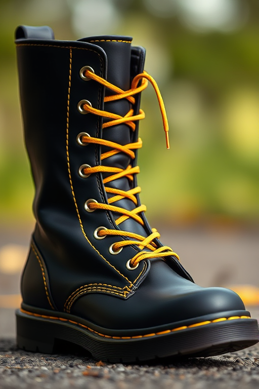 Create a high-resolution image of a black boot with yellow laces and stitching from a side view using a DSLR camera at f/2.8 aperture, ISO 100, 50mm focal length, and natural lighting for enhanced clarity and detail.