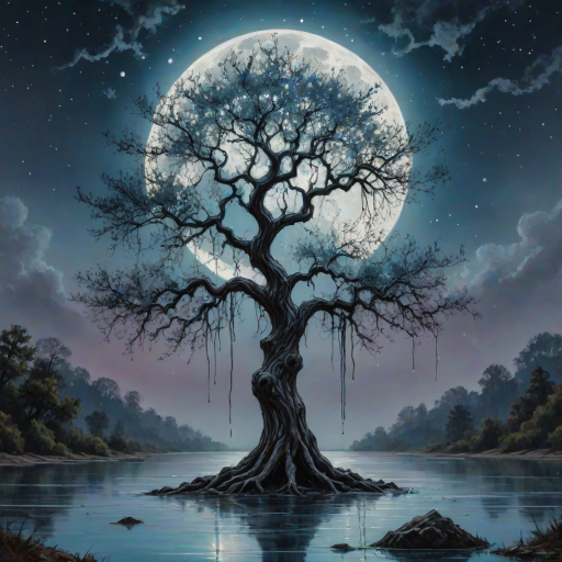 painting of a tree with a full moon in the background and water dripping from its branches, fantasy art, alcohol ink, 3D, 4K, HDRi