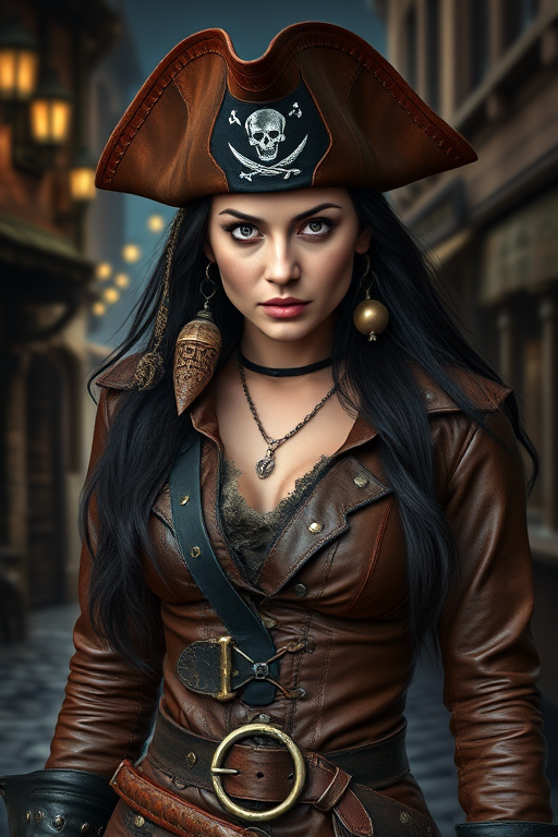 Create a portrait of a fierce female pirate. She wears a leather tricorn hat adorned with a skull and crossbones emblem, and her long, dark hair flows around her face. Her outfit consists of a richly detailed leather jacket, a corset, and multiple layers of belts and accessories, giving her a formidable and stylish appearance. She stands confidently in a dimly lit, historic port town, with a backdrop of weathered buildings and cobblestone streets, capturing the adventurous spirit of a pirate.