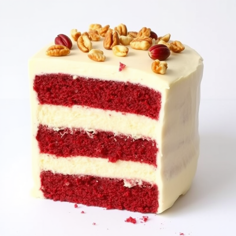 A beautifully layered cake showcasing red velvet, cream cheese, and buttery layers with a smooth frosting topping and scattered nuts, sliced to reveal its rich textures and colors, all set against a simple white background.