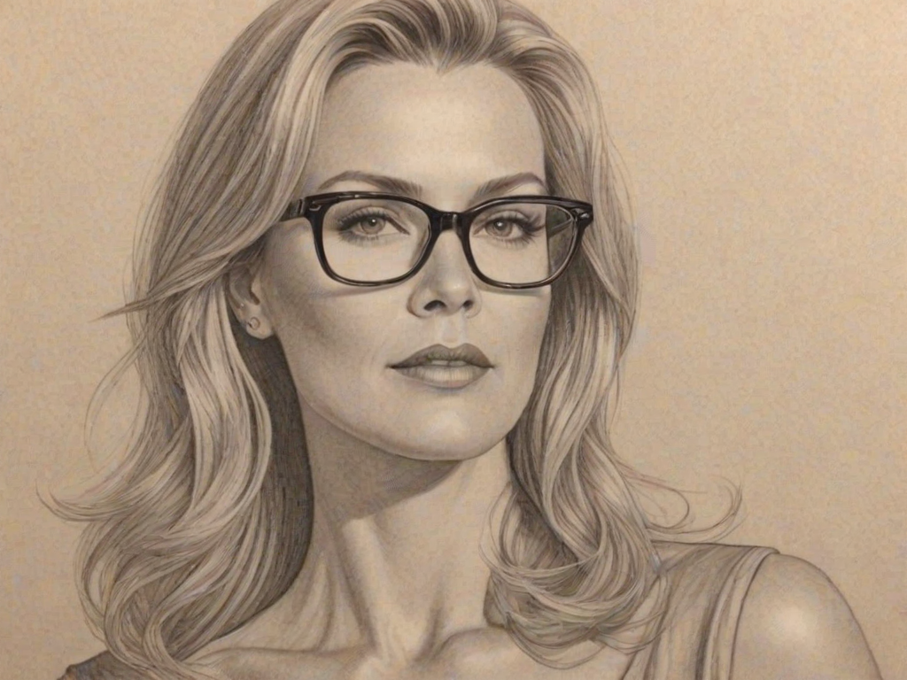 Wonderful Katherine Kelly Lang, pencil sketch, portrait of Alluring woman 1927s in glasses, hair style beatnik, outline, clear lines, fine lines, 8k
