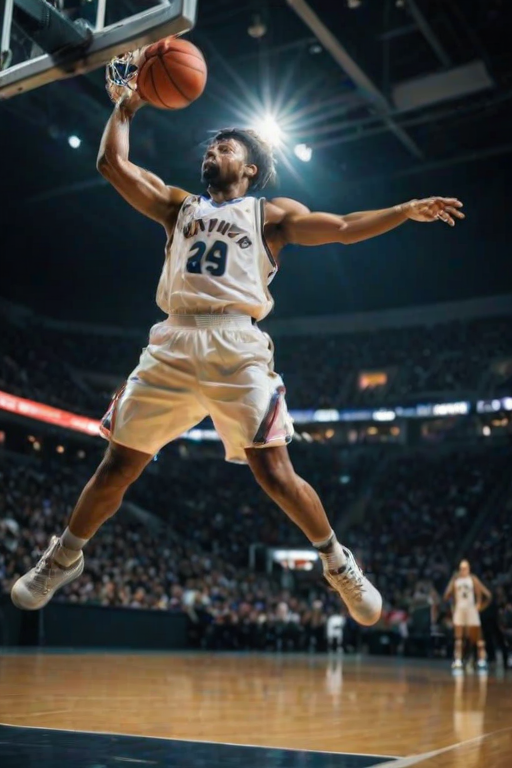 Blurry action shot of a basketball player mid-jump, reaching for the hoop, intense concentration on their face, stadium lights casting harsh shadows on the court, the crowd in the background roaring, focus on the movement of the ball.