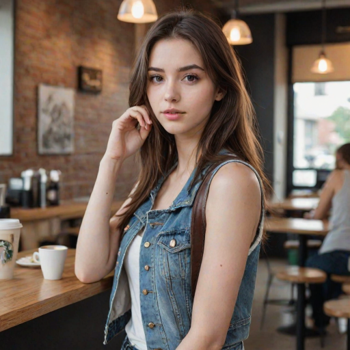 score_9, score_8_up, score_8, score_7_up, score_7, score_6_up, score_6, score_5_up, score_5,  21 year old 1girl, beautiful face, cute girl, gorgeous, supermodel, dark brown eyes, shoulder-length straight hair, parted in the middle, furry denim jacket, white tank top, makeup. Pale smooth Skin, coffee shop blurry background.