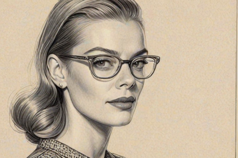 Sublime Jaime King, pencil sketch, portrait of Pleasing woman 1938s in glasses, hair style beatnik, outline, clear lines, fine lines, 8k