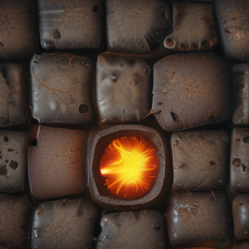 Glowing Ember Surrounded by Dark, Textured Blocks of Charcoal or Coal
