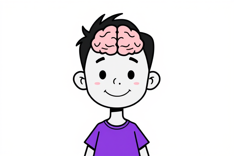Create a cartoon character with a stylized gray outline, showing a figure with a visible brain, wearing a purple shirt, in a simple flat design, captured with a Canon EOS 5D Mark IV, using an aperture of f/4, ISO 200, at a 50mm lens, top-down view for a fun and vibrant appearance.