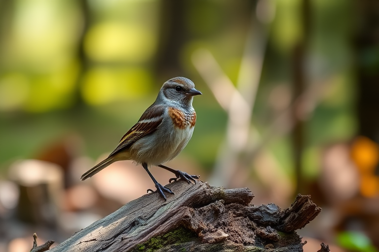 Capture a detailed image of a bird perched on a log in a forest setting, using a Canon EOS R5, 85mm lens, aperture f/2.8, ISO 400, shutter speed 1/200s, natural light, shallow depth of field, and a slightly blurred background to emphasize the bird and its surroundings.