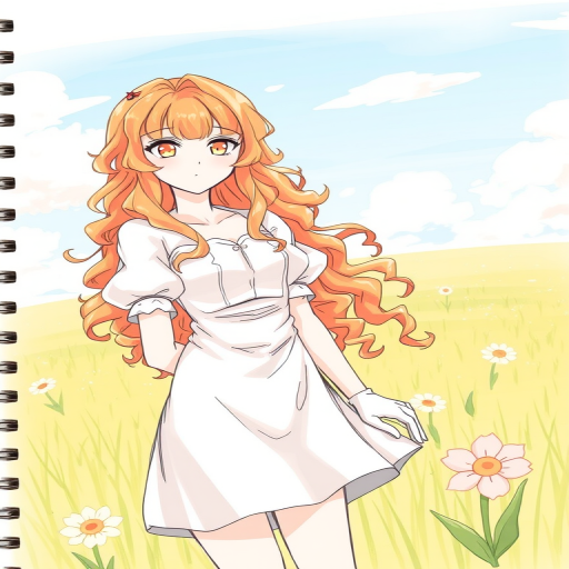 sketch, 1girl, solo, long hair, curly hair, wavy hair, orange hair, orange eyes, looking at viewer, breasts, dress, white dress, puffy sleeves, puffy short sleeves, short sleeves, gloves, elbow gloves, white gloves, cowboy shot, closed mouth, standing, outdoors, field, flower, grass, plant, sky