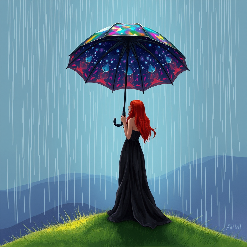 A surreal hand-drawn digital artwork depicting a mysterious red-haired woman standing on a grassy hill under the rain. She holds an umbrella crafted from iridescent zircon, its vibrant sheen contrasting with the soft, rainy atmosphere. The scene feels dreamlike, blending the natural elements of the hill and rain with the otherworldly shimmer of the umbrella.
