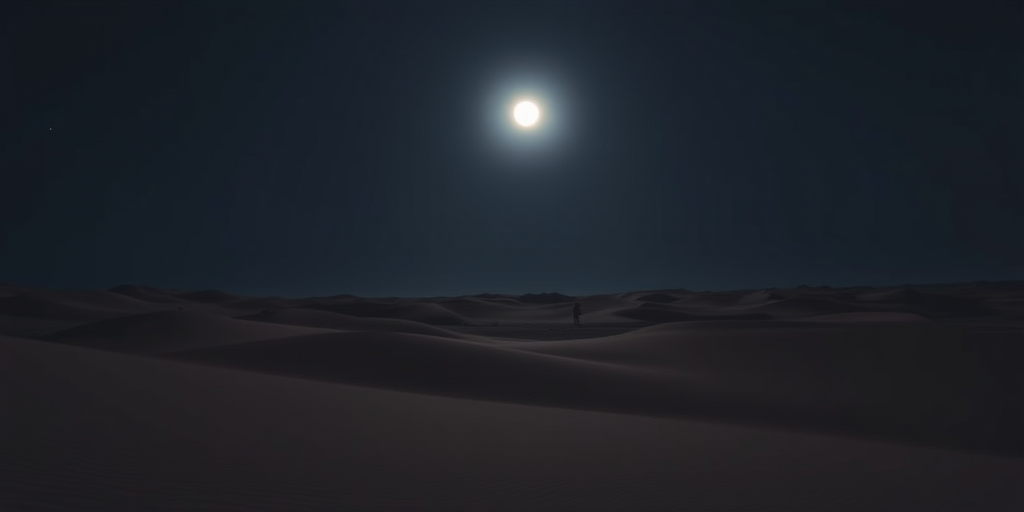 A lone figure in a vast desert landscape at night with a full moon illuminating the scene, surrounded by gently rolling sand dunes, captured with a DSLR camera at f/8, ISO 100, 24mm lens, long exposure for enhanced clarity and depth, emphasizing the contrasts between shadows and moonlight.
