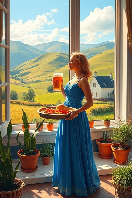 In "A Glass of Beer on the Highland," a serene scene is depicted in a sunlit room where a woman in a vibrant blue dress stands by a large window. She holds a tray with a hearty meal and a frothy glass of beer, embodying a moment of relaxation. Outside, the breathtaking highland landscape features rolling green hills and a charming traditional house, all bathed in warm afternoon light. The interior is adorned with potted plants, creating a harmonious blend of comfort and nature. The painting beautifully captures the tranquility and joy found in simple pleasures amidst stunning scenery