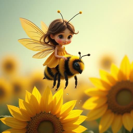 a whimsical cute girl with big eyes, big hair and flowing dress, riding astride a bumble bee, and flying across the top of the sunflower, which are just waking up, and catching dew drop of rain