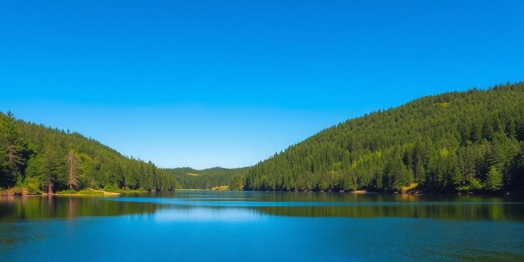 Generate a high-resolution image of a serene landscape featuring a tranquil lake surrounded by lush forests under a clear blue sky, captured with a DSLR camera at f/8 aperture, 1/250 shutter speed, ISO 100, 24mm lens, wide-angle view.