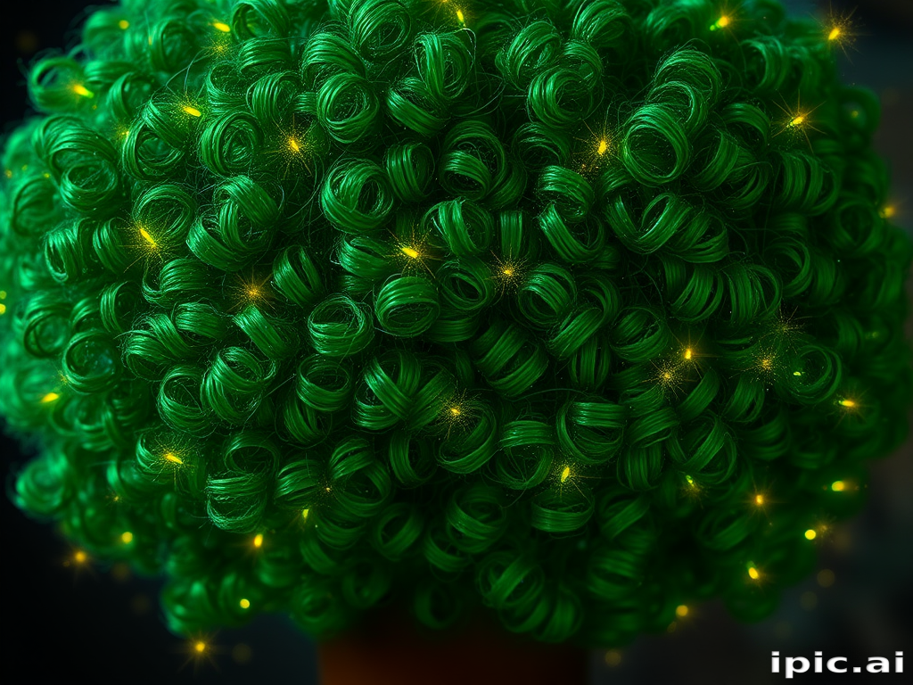 Emerald green curls arranged in a voluminous afro, interspersed with tiny twinkling fairy lights, creating a magical forest canopy effect that mesmerizes viewers.