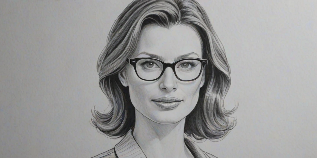 Attractive Bridget Moynahan, pencil sketch, portrait of Beauteous woman 1947s in glasses, hair style beatnik, outline, clear lines, fine lines, 8k