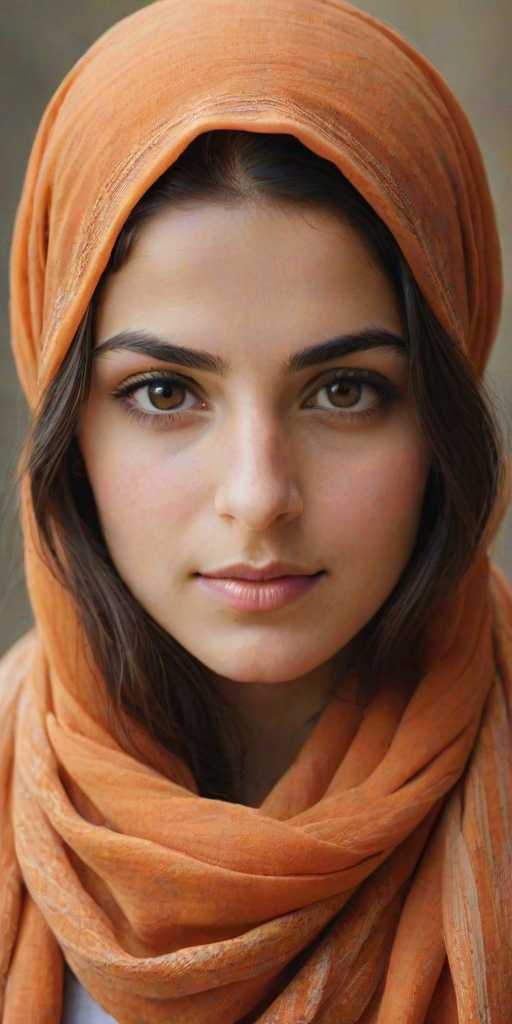 Create a portrait of a young Druze female with long, dark hair and captivating hazel eyes. She is wearing a orange headscarf and a matching scarf draped gracefully around her neck. The background is softly blurred, focusing attention on her serene and natural expression. The overall color palette is muted and warm, enhancing the intimate and authentic feel of the portrait.