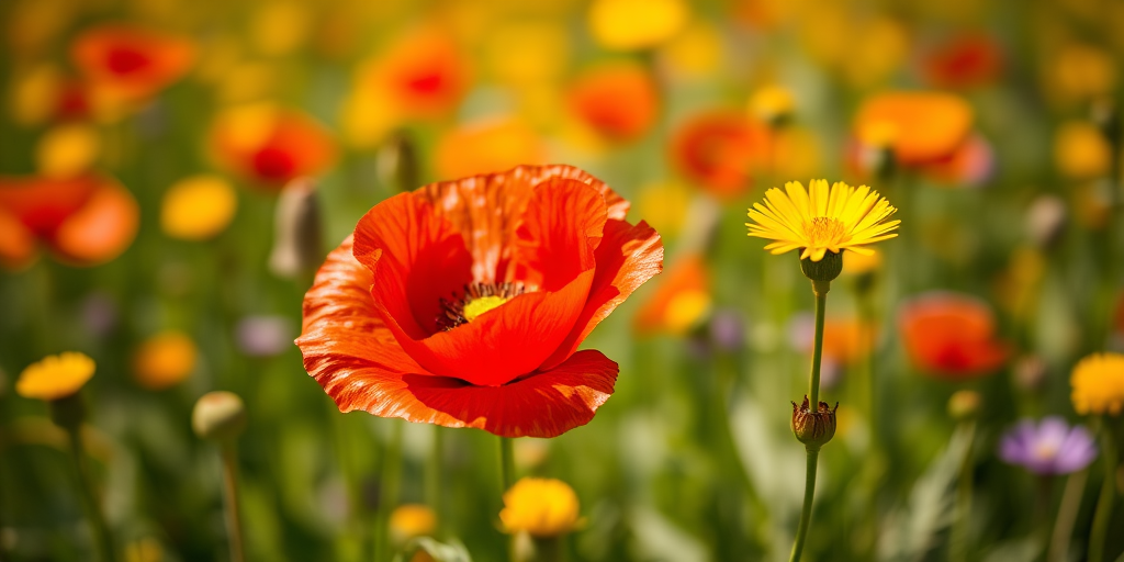 Capture a close-up photograph of a red poppy flower and a yellow flower in a vibrant meadow, using a shallow depth of field, f/2.8 aperture, with a 50mm lens, natural lighting, and a DSLR camera.