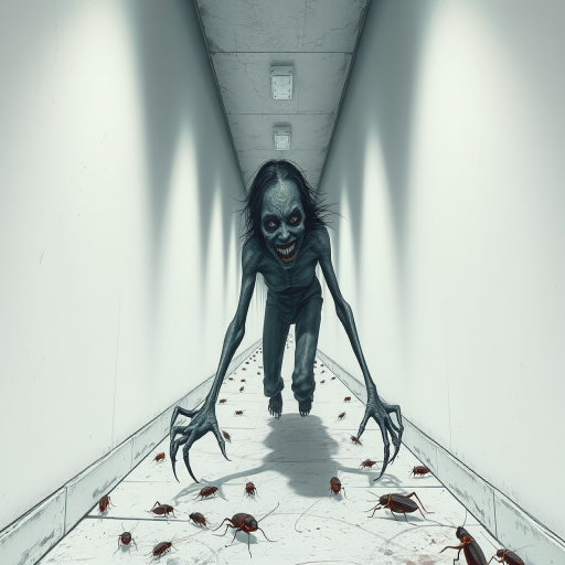 a crooked female with long arms and a creepy smile is crawling along a long white corridor and you can also see cockroaches in it there is a creepy atmosphere creepy art style