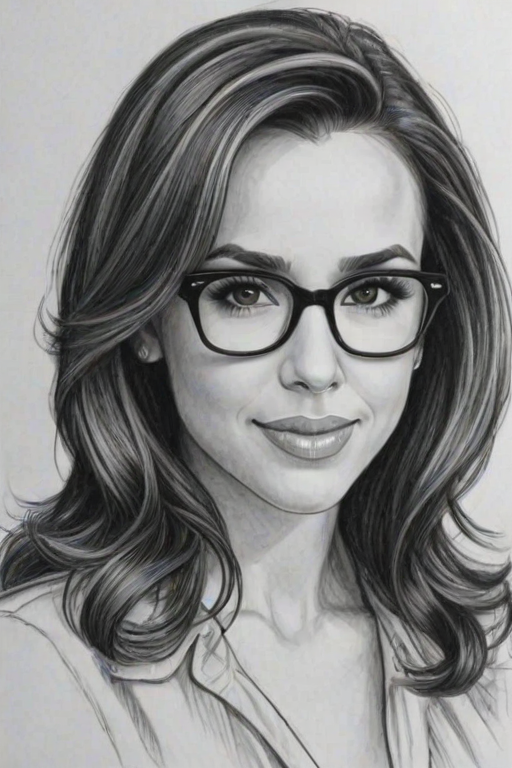 Bewitching Lacey Chabert, pencil sketch, portrait of Beauteous woman 1944s in glasses, hair style beatnik, outline, clear lines, fine lines, 8k