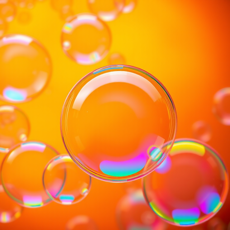 macro shot of colorful soap bubbles with bright orange and yellow background, ISO 100, f/2.8, 1/200s, 100mm lens, top-down view, DSLR camera, high dynamic range photography