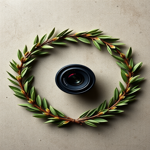 Create a high-resolution image of a laurel wreath design, using a DSLR camera with a 50mm lens, aperture f/2.8, ISO 100, shot from a top-down view with natural lighting to enhance details and colors.