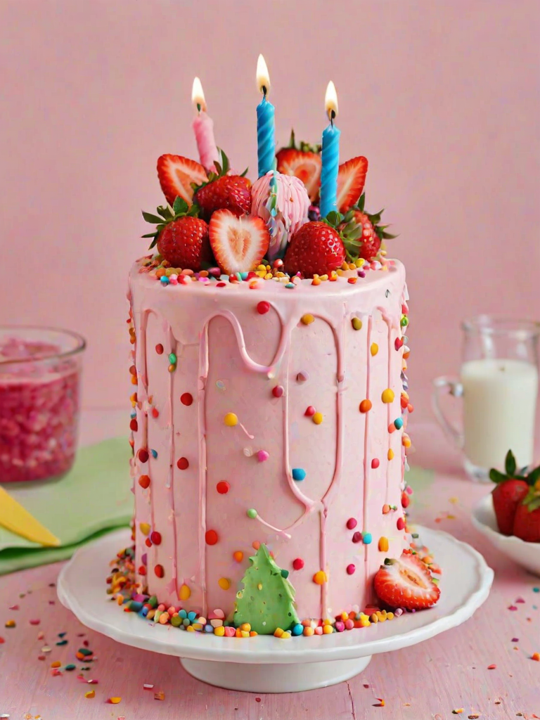 Create an image of a fun and whimsical birthday cake with multiple layers. The cake should have colorful sprinkles, topped with fresh strawberries and a single candle. Add a friendly face to the cake and include small legs at the bottom to give it a playful character. The background should be simple and bright to emphasize the cake.
