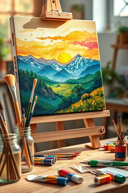 Close-up of a painter's easel in a sunlit studio, with a canvas featuring a vibrant landscape scene, brushes in jars, and paint tubes scattered across a wooden table.
