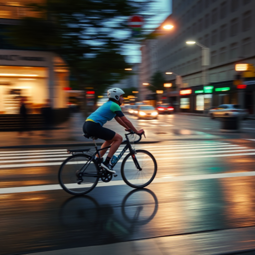 Blurry action shot of a cyclist speeding down a city street at twilight, soft street lights reflecting off wet pavement, with buildings and pedestrians blurred in the background.
