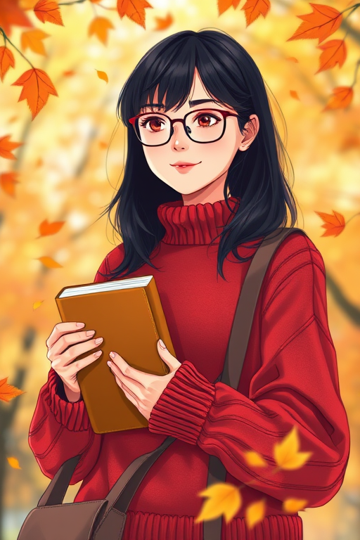 Create an illustration of a young woman with black hair and glasses, wearing a cozy red sweater, holding a book with a shoulder bag, surrounded by autumn leaves, captured in a soft focus style, using a Canon EOS R5, aperture f/2.8, 50mm lens, under natural light.