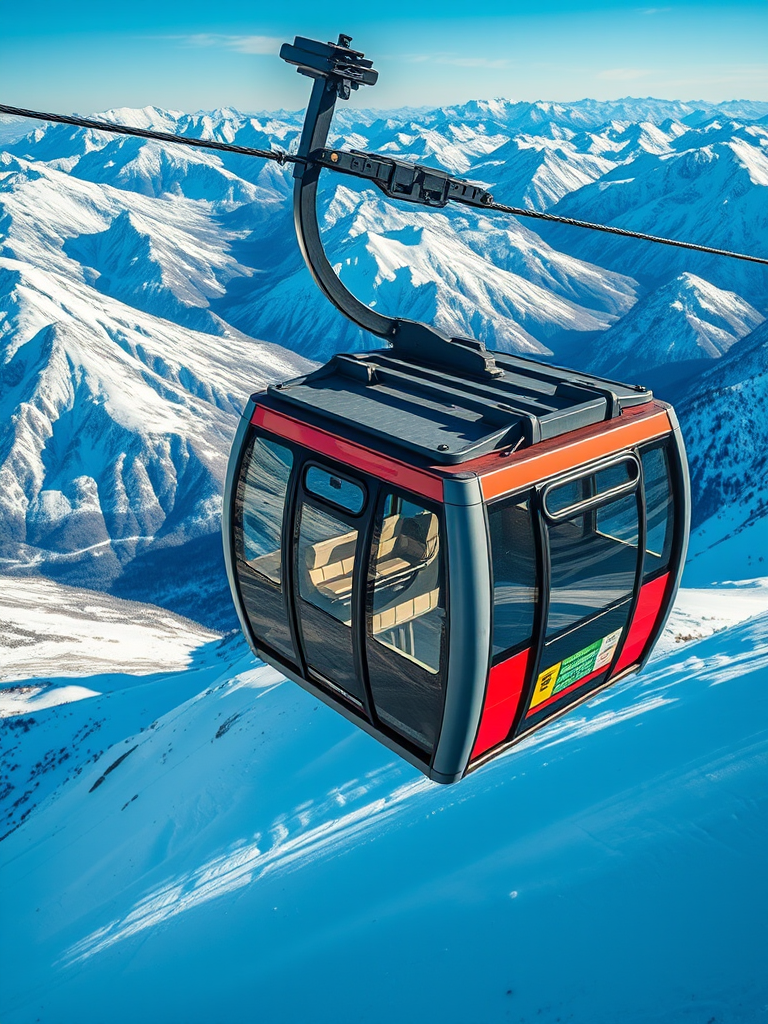 Capture a high-resolution image of a cable car traversing snowy mountains, using a DSLR camera with a 50mm lens, aperture set to f/8, ISO 200, shutter speed of 1/500s, from a high vantage point for a sweeping landscape view, natural lighting to enhance the clarity and detail.