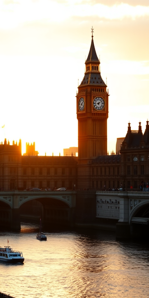 sunset over Big Ben and the Houses of Parliament with a river view, golden hour lighting, DSLR camera, 24mm f/2.8 lens, ISO 100, aperture priority mode, focus on foreground with a soft bokeh effect, HDR settings enabled