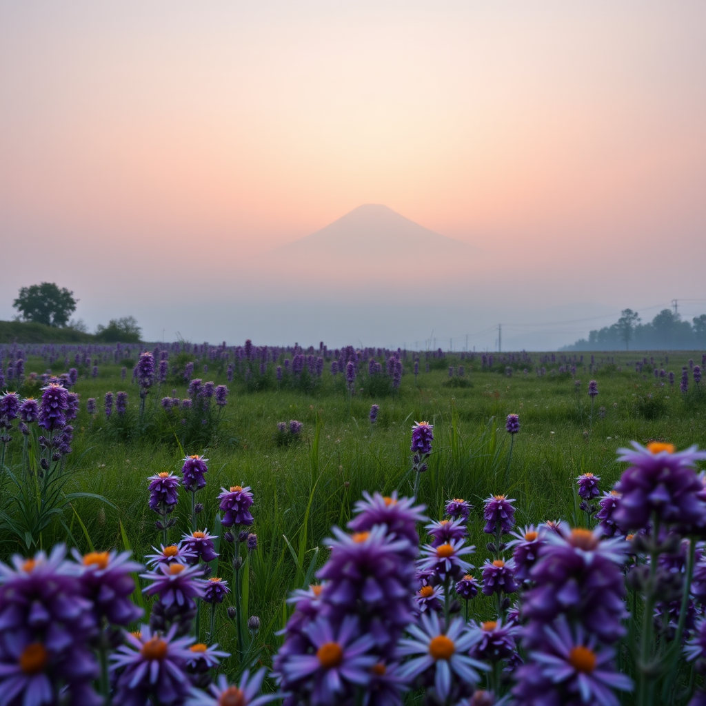 Landscape photograph of a purple flower field at sunrise with a misty mountain in the background, captured with a Canon EOS 5D Mark IV, 24mm lens, aperture f/8, ISO 100, shutter speed 1/200 sec, in a wide-angle view for depth and detail.
