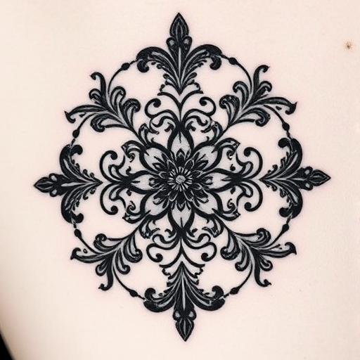 Blackwork ornamental tattoo entitled "Gothic Lace" featuring intricate patterns inspired by Victorian-era lace and filigree work, with delicate swirls and floral motifs creating a stunning contrast against the skin, ideal for those who appreciate the elegance and sophistication of vintage-inspired designs.