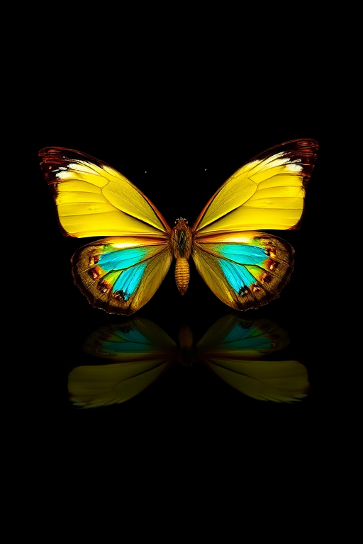 create a symmetrical yellow butterfly with turquoise accents on a black background, captured with a Canon EOS R5 camera, using a 50mm f/1.8 lens, natural lighting, and a shallow depth of field with a soft bokeh effect.