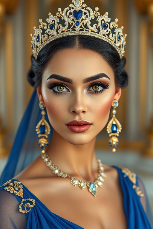 A gorgeous Coptic woman in a luxurious blue gown, accessorized with a dazzling tiara and statement earrings, her deep Yellow eyes highlighted by impeccable makeup, poised in a royal setting, photorealistic, 8K quality