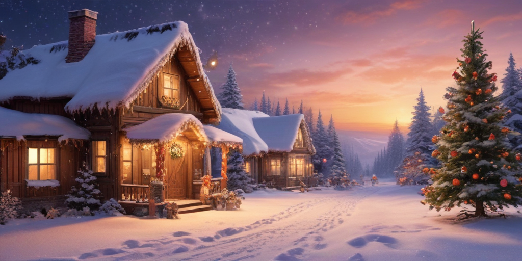 A Cozy Winter Evening Scene with Snow-Covered Cabins and a Christmas Tree.