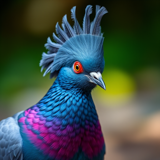 Generate a high-resolution image of a Victoria crowned pigeon with vibrant blue and purple plumage, showcasing its distinctive feather crest, captured in natural light at a shallow depth of field, using a DSLR camera, with a 50mm lens at f/2.8, ISO 100, and a shooting angle at eye level.