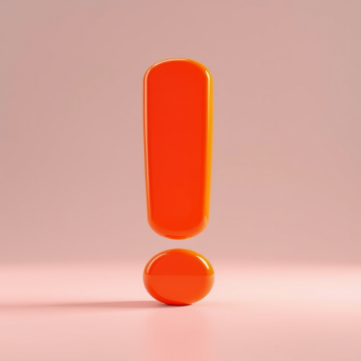 Create a vibrant 3D rendering of an exclamation mark in bright orange with a shiny surface, using a DSLR camera, 50mm lens, f/2.8 aperture, ISO 100, 1/200 sec shutter speed, soft lighting from a side angle to enhance depth and detail.