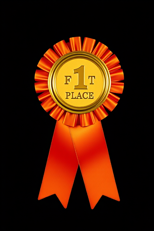 Generate a high-resolution image of a first place ribbon featuring gradient orange ribbons and a golden seal, using a Canon EOS R5 with a 50mm lens, aperture f/1.8, ISO 100, 1/200s shutter speed, shot from a slightly elevated angle for depth and clarity.