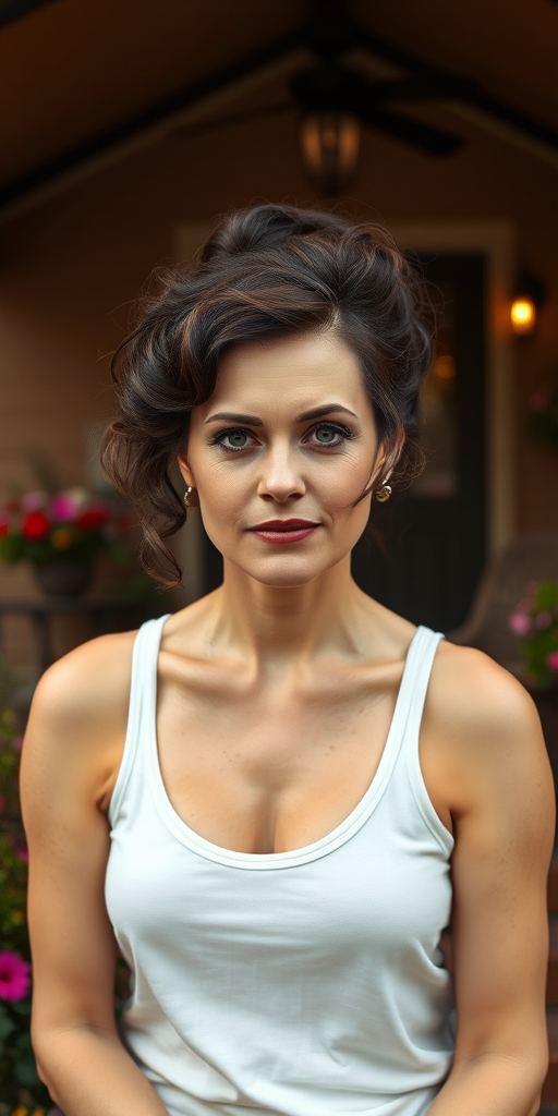 A photo of Helena Bonham Carter with a background of a cozy porch. She has dark hair pulled back in an updo, with tendrils framing her face. She wears a white tank top and sits on the porch. The porch is part of a well-lit home with a warm, earthy tone and colorful flowers and foliage. The overall scene has a warm, welcoming, and comfortable ambiance.