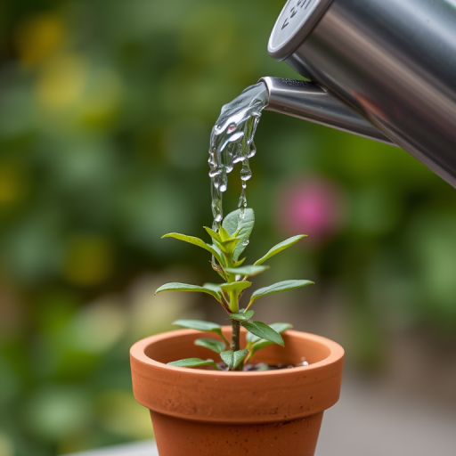 A close-up view of a watering can pouring water onto a small green plant in a terracotta pot, with a blurred natural background, captured using a DSLR camera with a 50mm lens, aperture set to f/2.8, ISO 100, and a shutter speed of 1/200 sec.