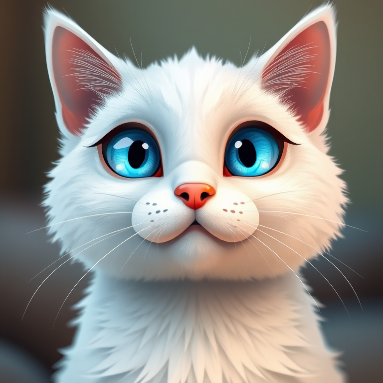 Create a highly detailed digital illustration of a cartoon white cat's face with striking blue eyes and fluffy fur, using a 50mm lens at f/2.8 for shallow depth of field, in a center-focused composition with soft lighting to enhance texture, using a high-resolution digital camera style for crisp clarity.