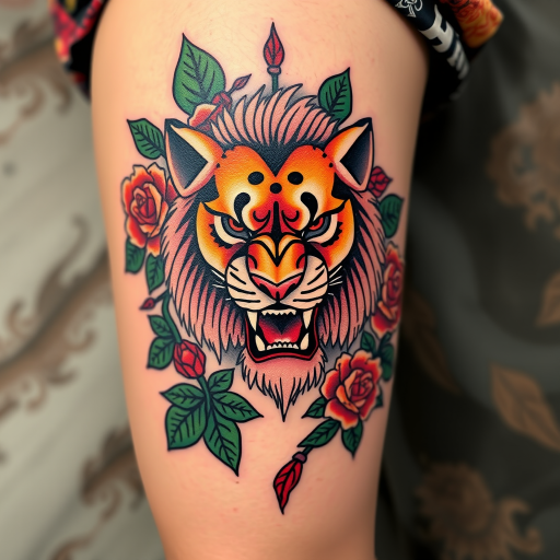 Striking neo-traditional tattoo on the thigh depicting a fierce lioness surrounded by vibrant roses and foliage rich saturated colors and bold outlines with a touch of realism