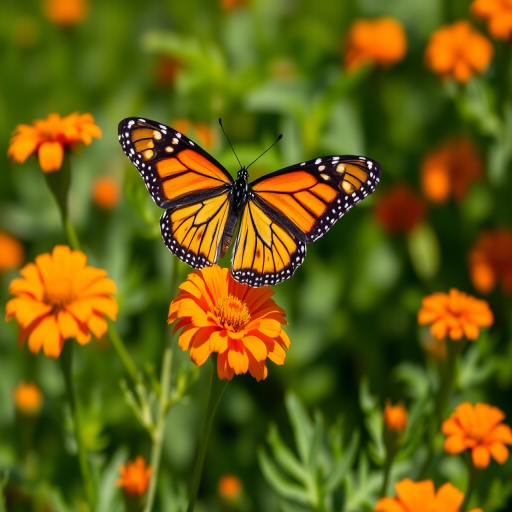 Generate an image of a Monarch butterfly resting on vibrant orange marigold flowers in a sunny garden setting with a blurred green background.