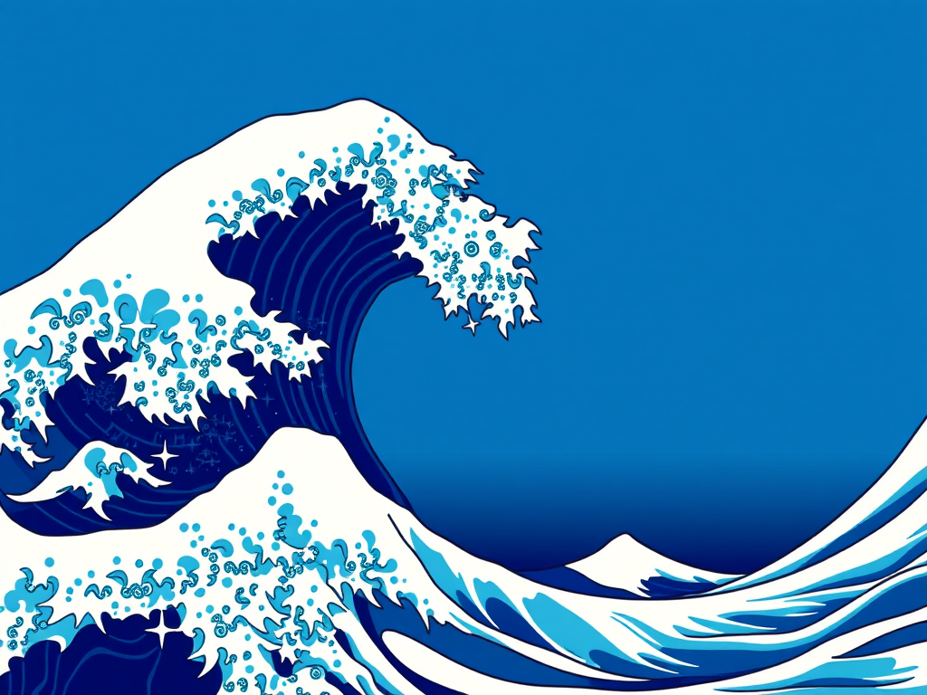 Create a high-resolution illustration of a large, stylized wave similar to "The Great Wave off Kanagawa" featuring bold blue tones and intricate details, using a DSLR camera with a 50mm lens at f/4 aperture, ISO 200, and a soft light setup for enhanced clarity and vibrancy.